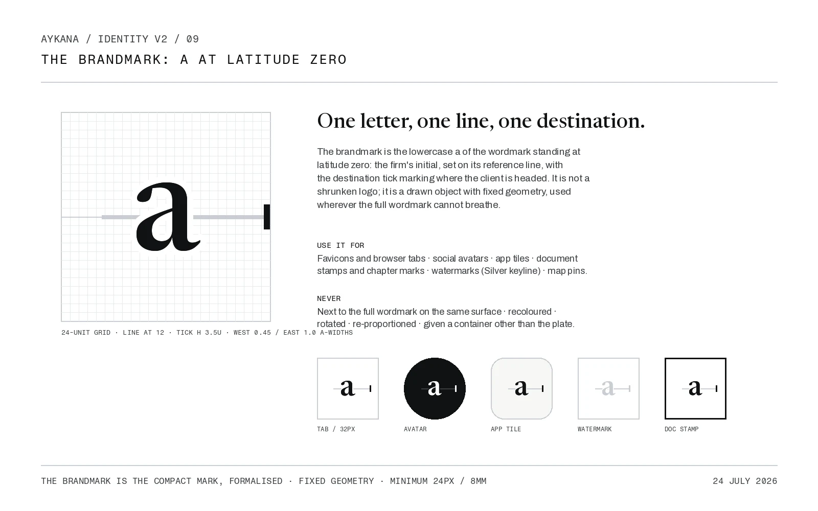 Aykana brandmark construction board showing the letter A at latitude zero