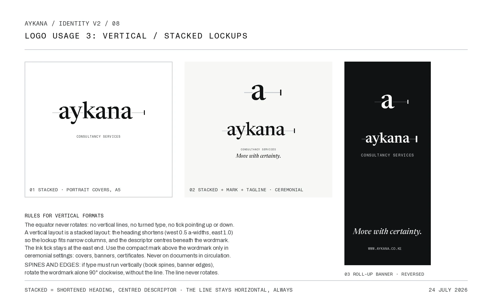 Aykana logo lockups and usage rules across light and dark grounds