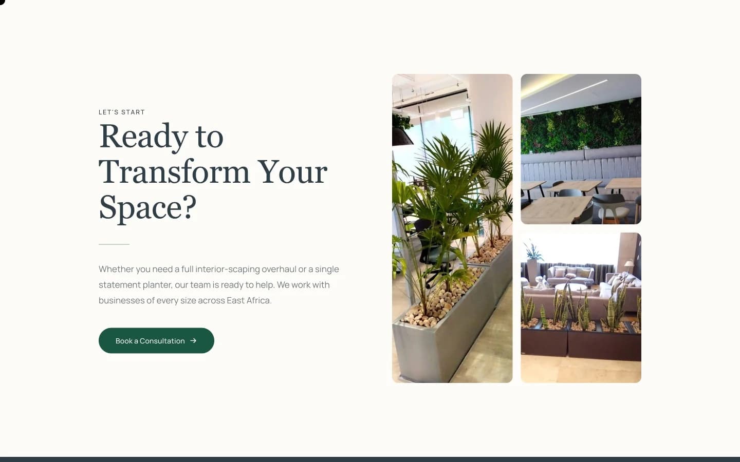 Booking section reading "Ready to Transform Your Space?"