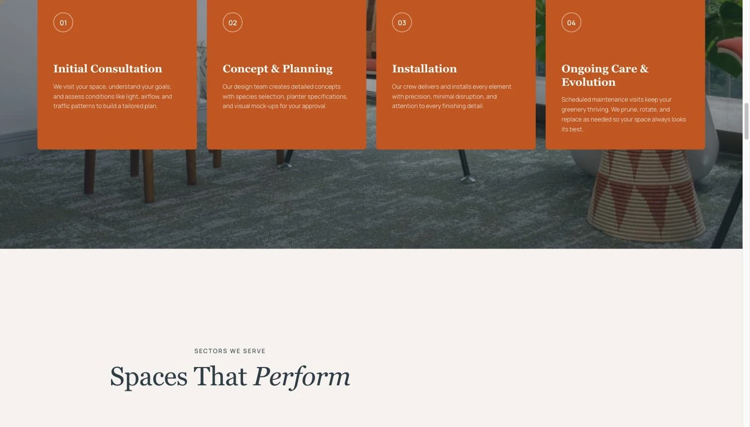 Numbered service cards in terracotta above the line "Spaces That Perform"
