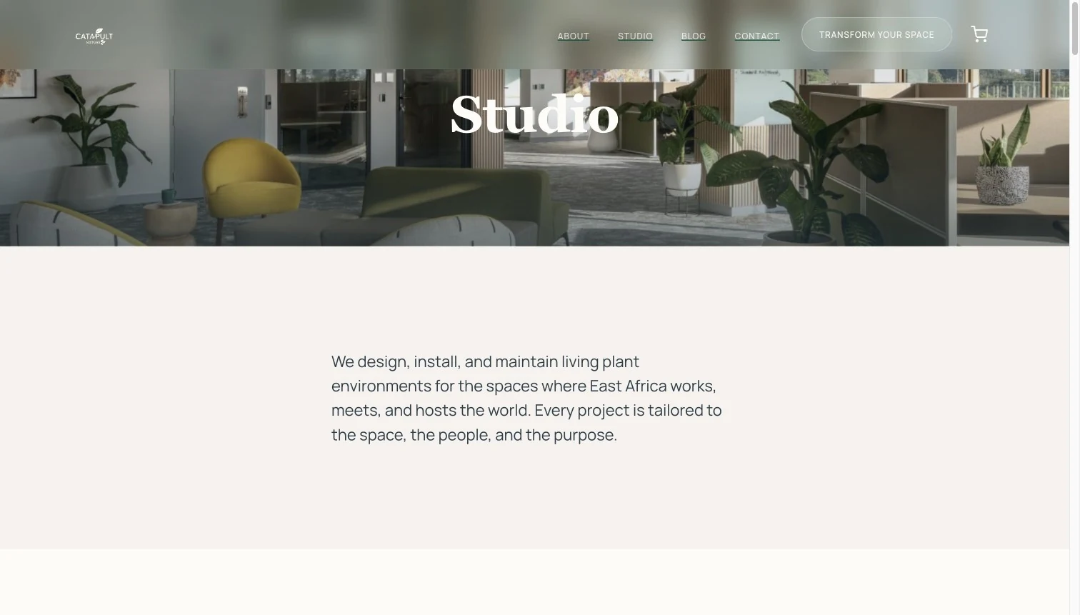 Catapult Nature studio page hero showing a planted interior space