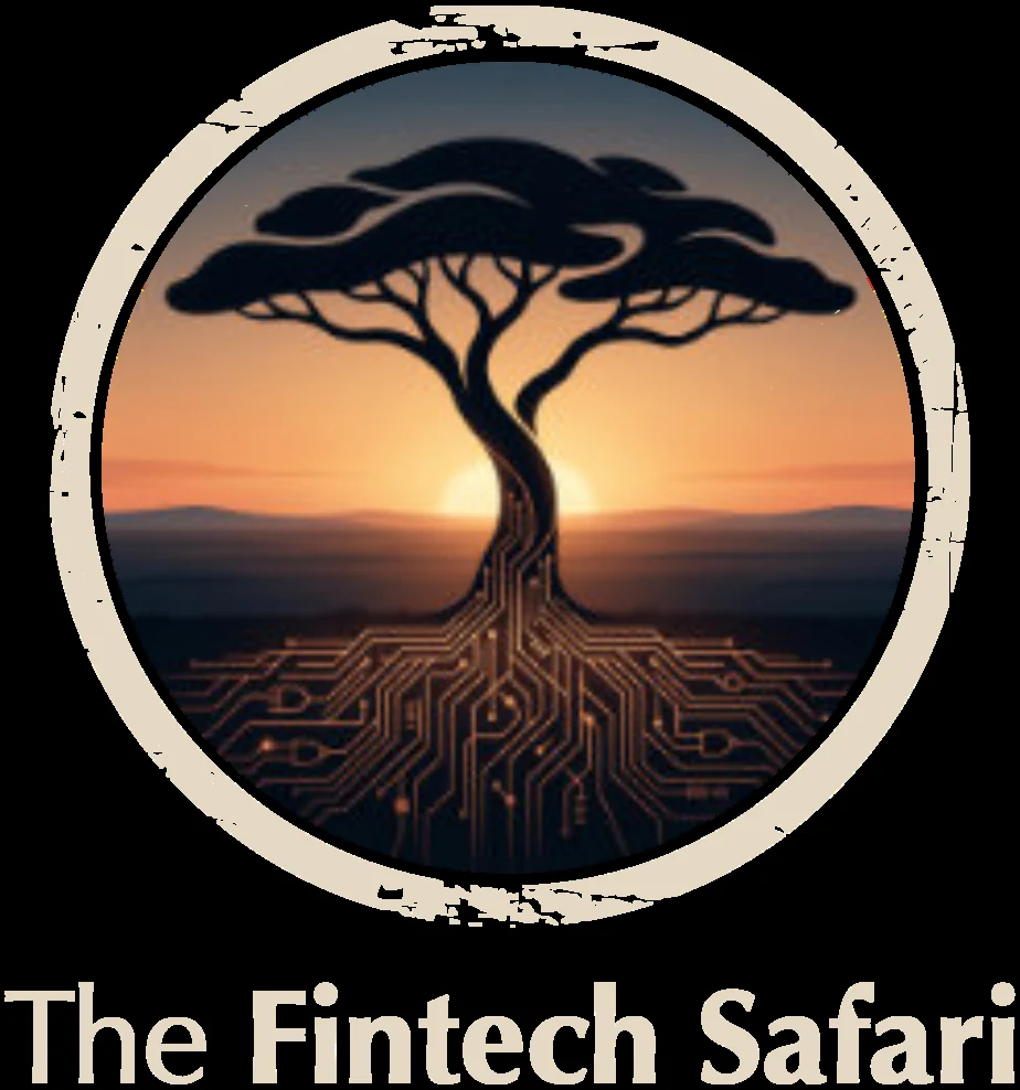 The FinTech Safari brandmark: an acacia tree at dusk whose roots are drawn as a circuit board