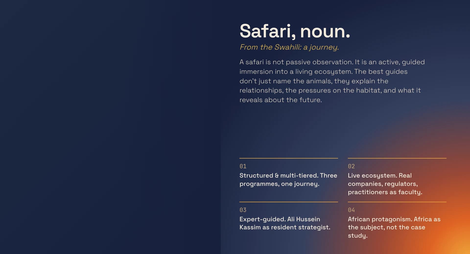 Prospectus narrative spread reading "Safari, noun."