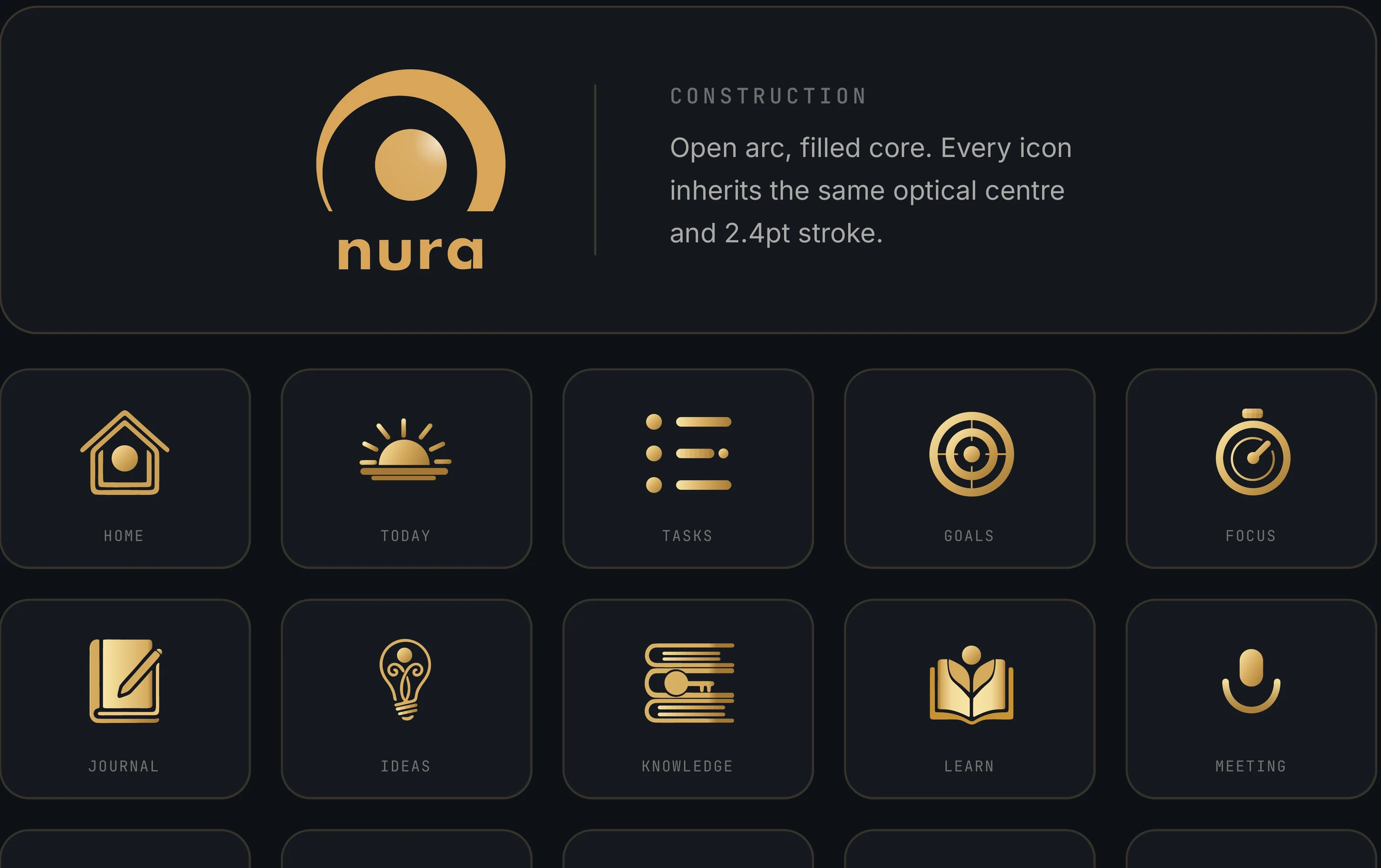 The Nura mark, a solid circle held inside an open arc, above the product icon grid in brushed gold