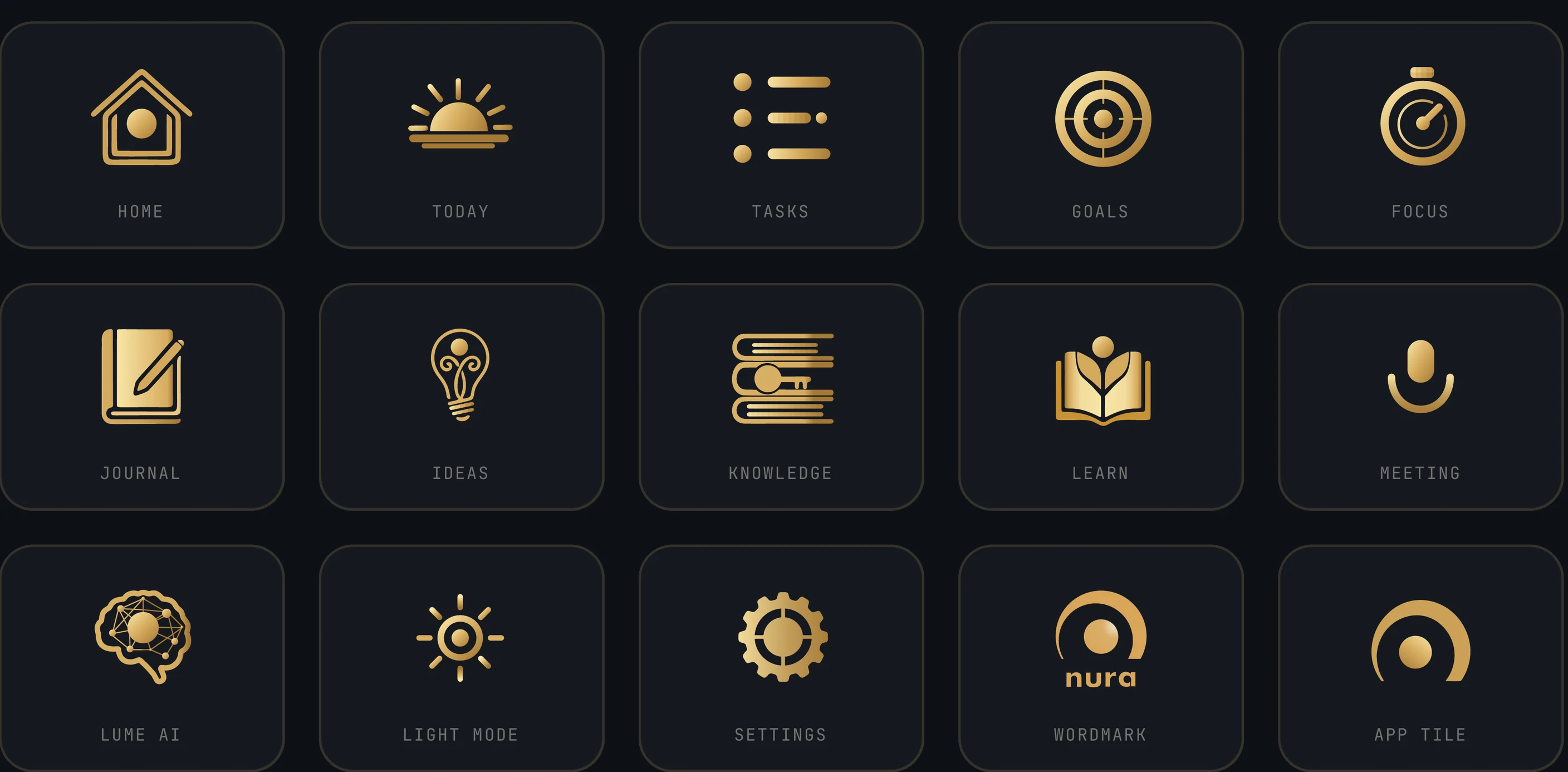 The fifteen Nura icons laid out in a grid on an obsidian ground